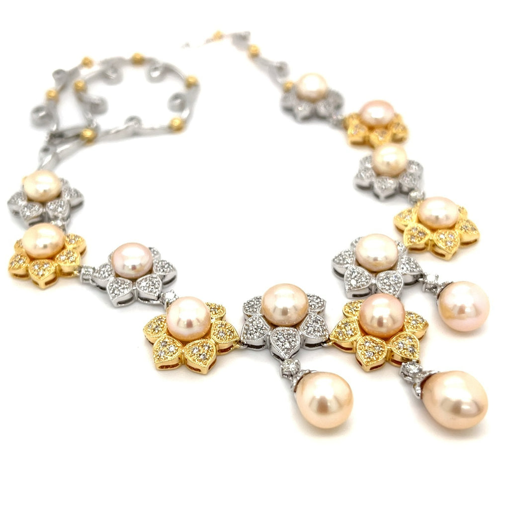 18k Two-Tone Gold & Pearl Flower Bib Necklace w/ Diamond Accents, Length 17"