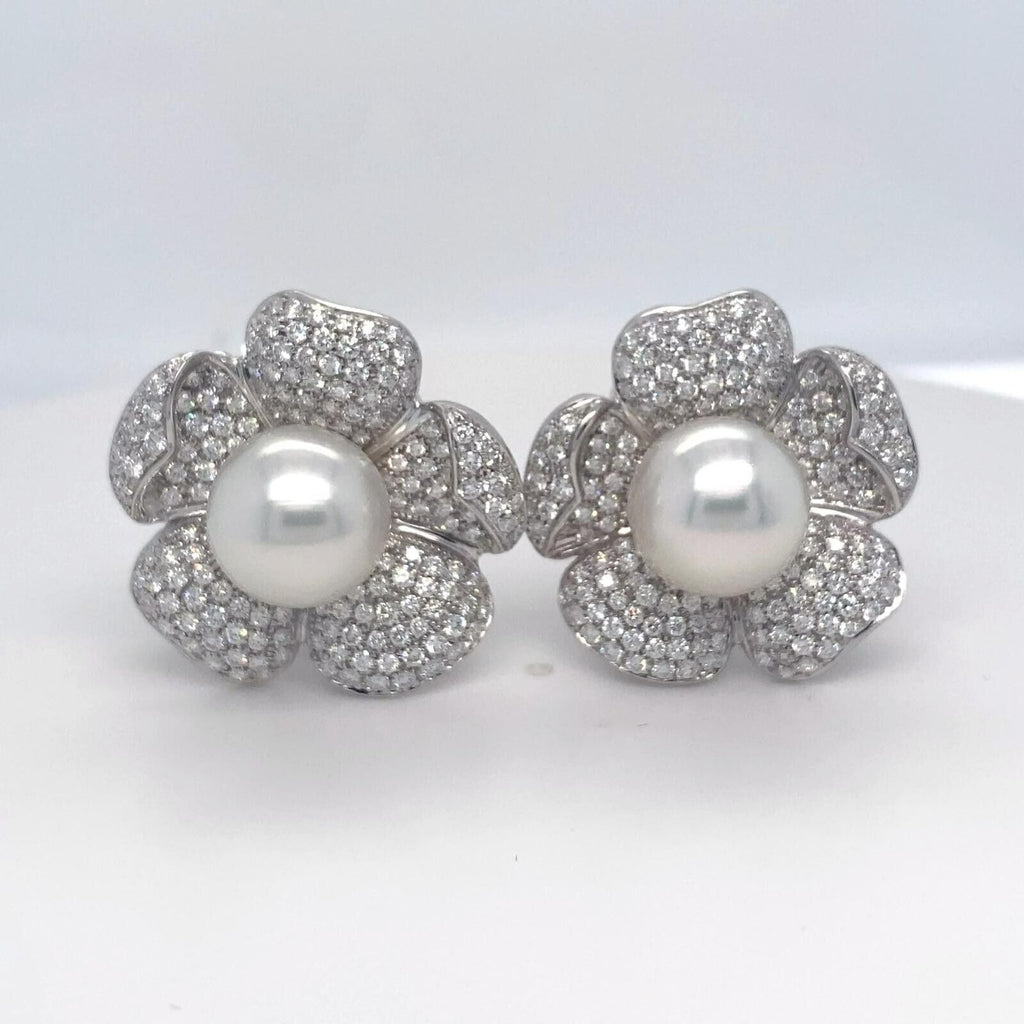 Roberto Casarin 18k White Gold 7 ct Diamond and South Sea Pearl Earrings 28g