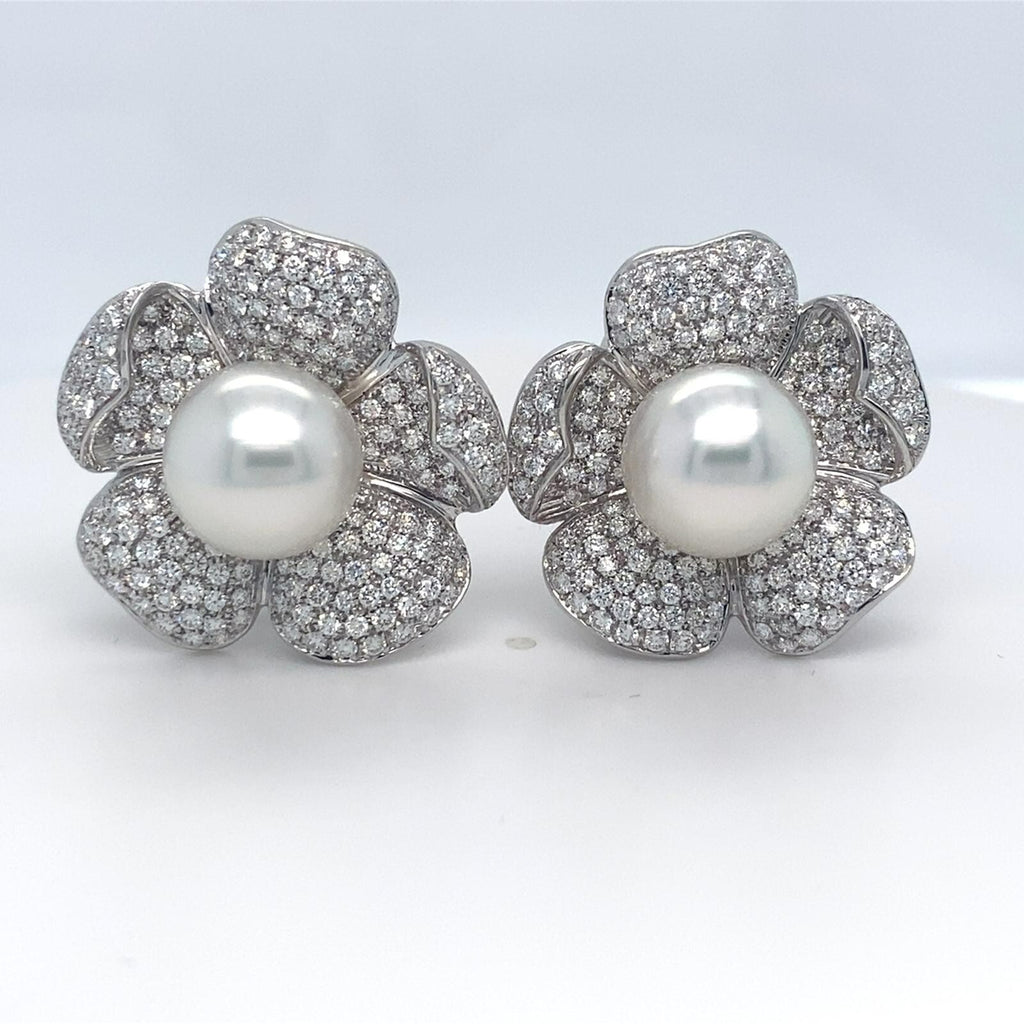Roberto Casarin 18k White Gold 7 ct Diamond and South Sea Pearl Earrings 28g