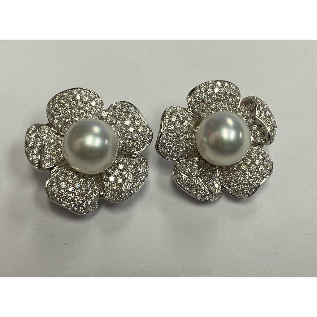 Roberto Casarin 18k White Gold 7 ct Diamond and South Sea Pearl Earrings 28g