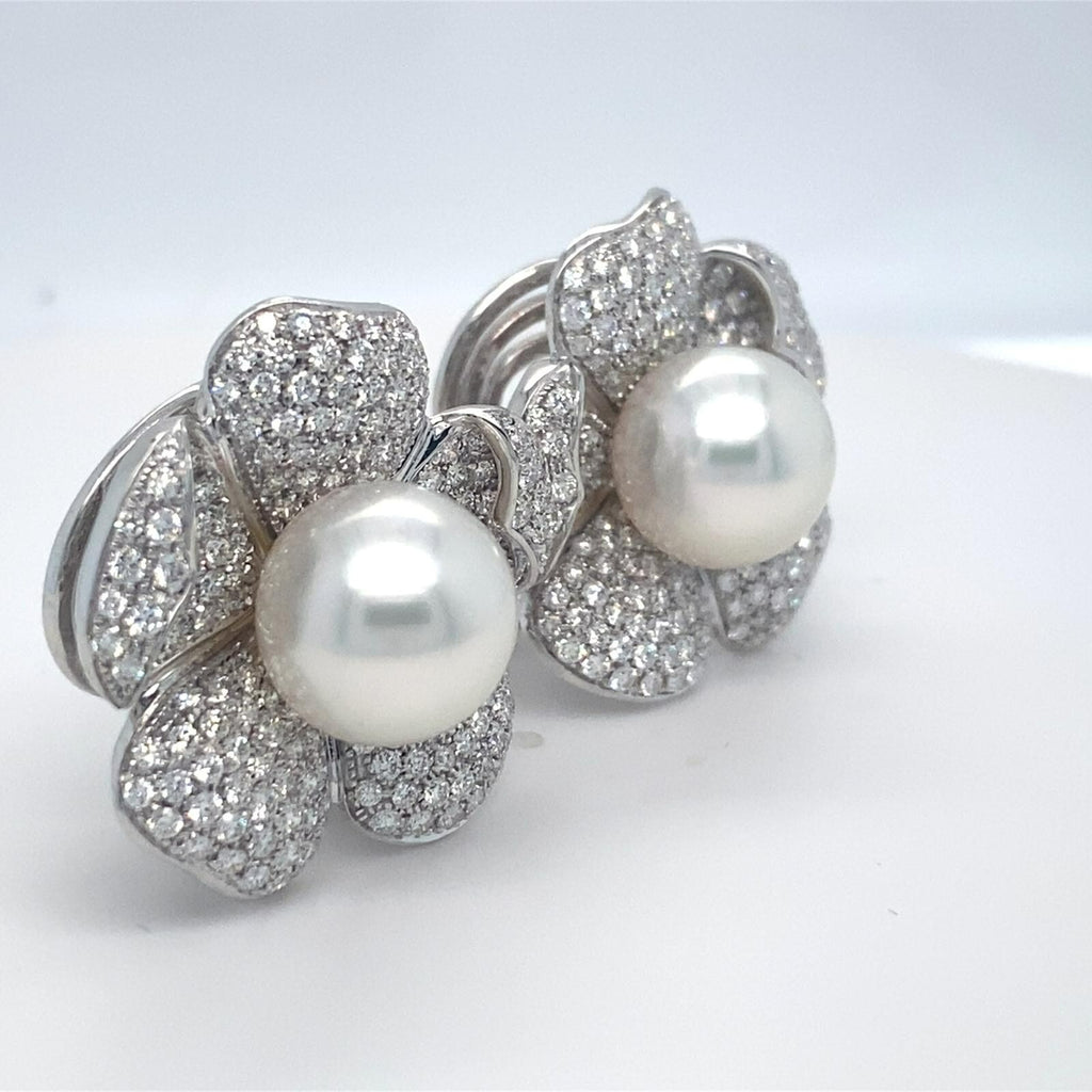 Roberto Casarin 18k White Gold 7 ct Diamond and South Sea Pearl Earrings 28g