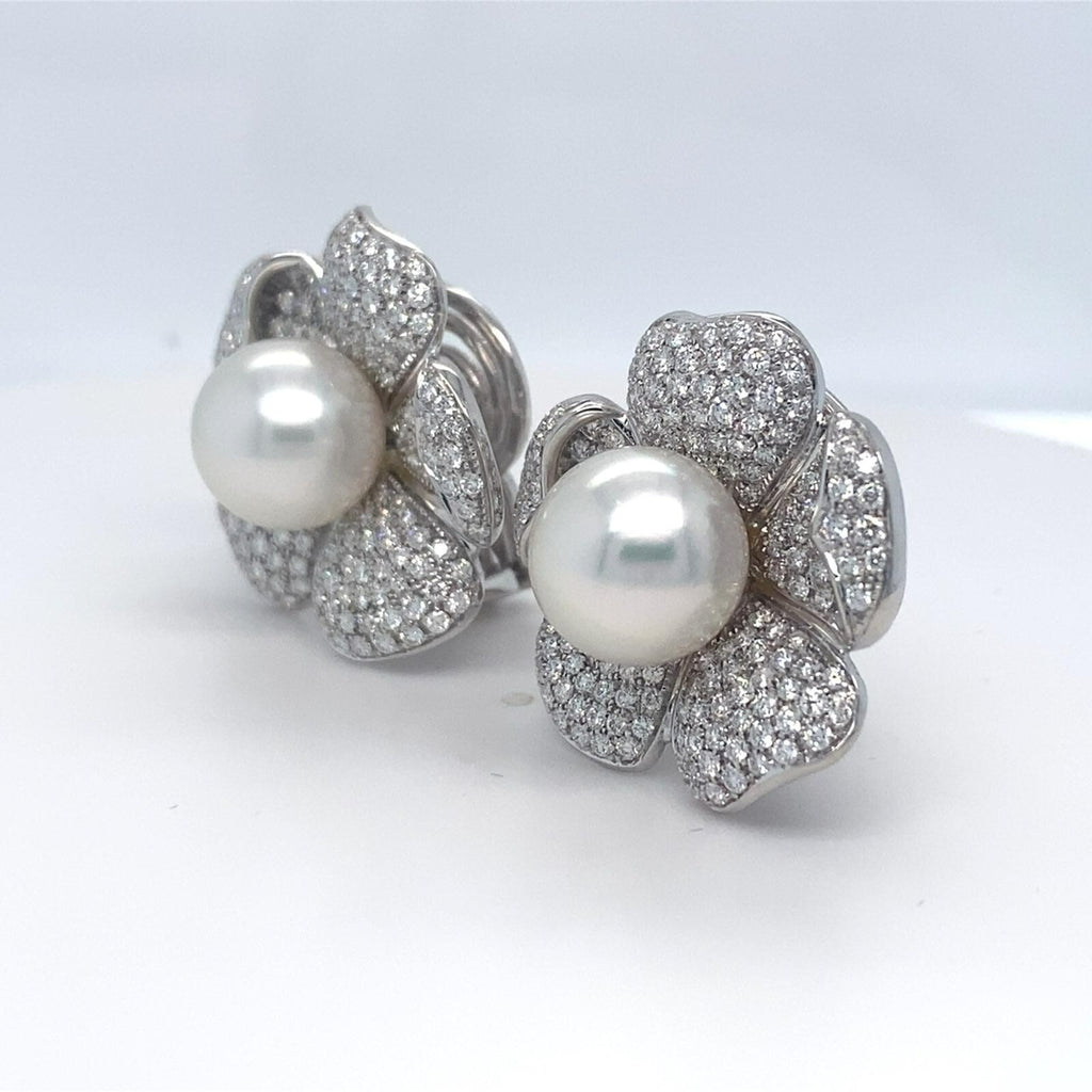 Roberto Casarin 18k White Gold 7 ct Diamond and South Sea Pearl Earrings 28g