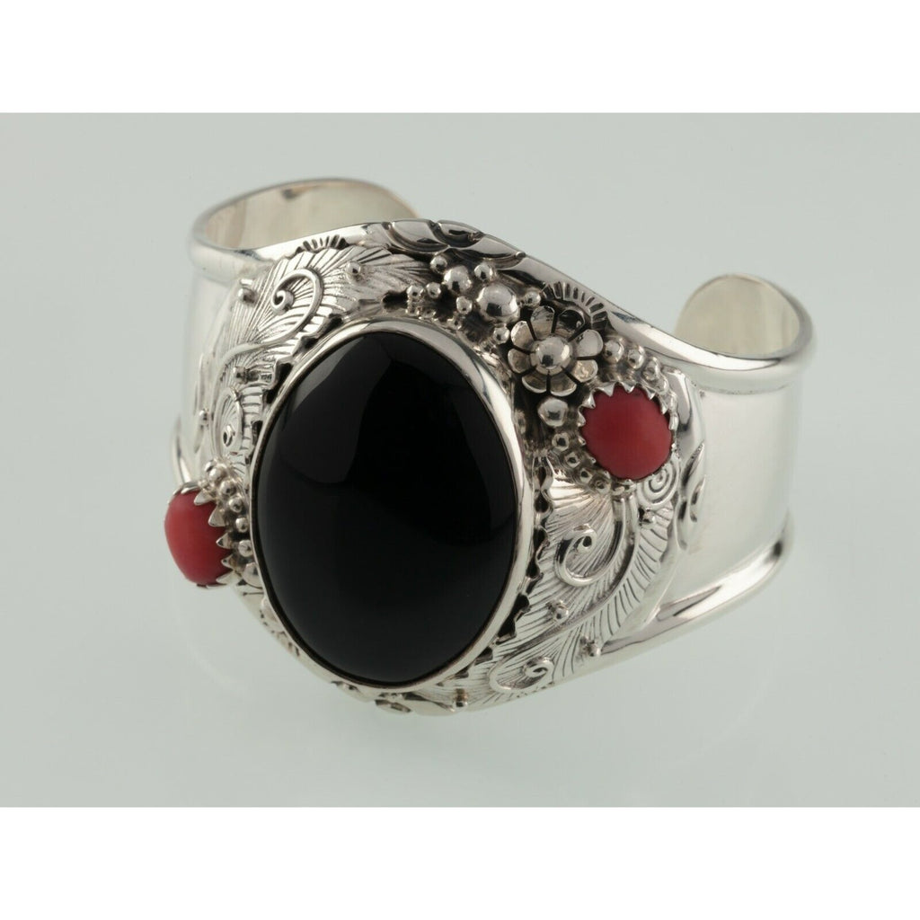 Amazing Marai Mexican Silver Black Jet & Red Coral Cuff Bracelet 89.7gr