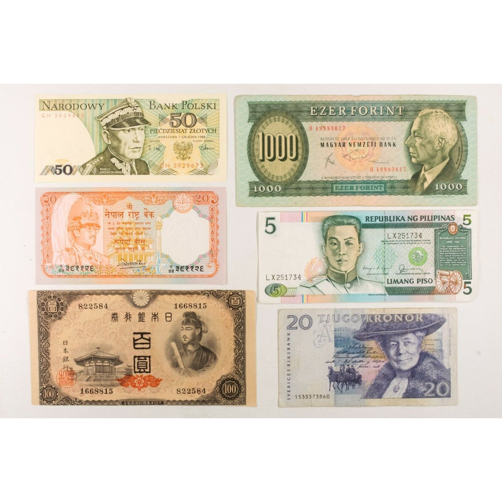 50 World Banknotes. Europe, Asia, Central & South America.