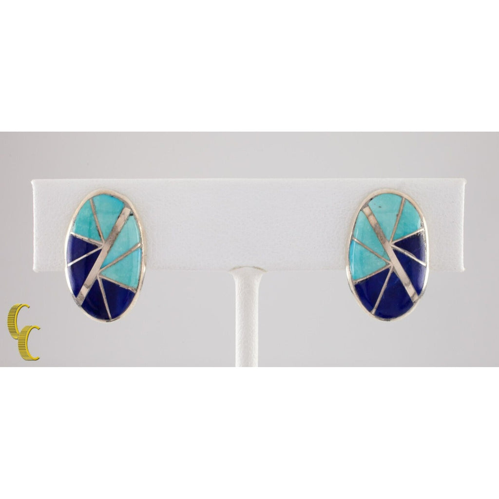 Sterling Silver Lapis and Turquoise Inlay Clip-On Earrings Gorgeous!
