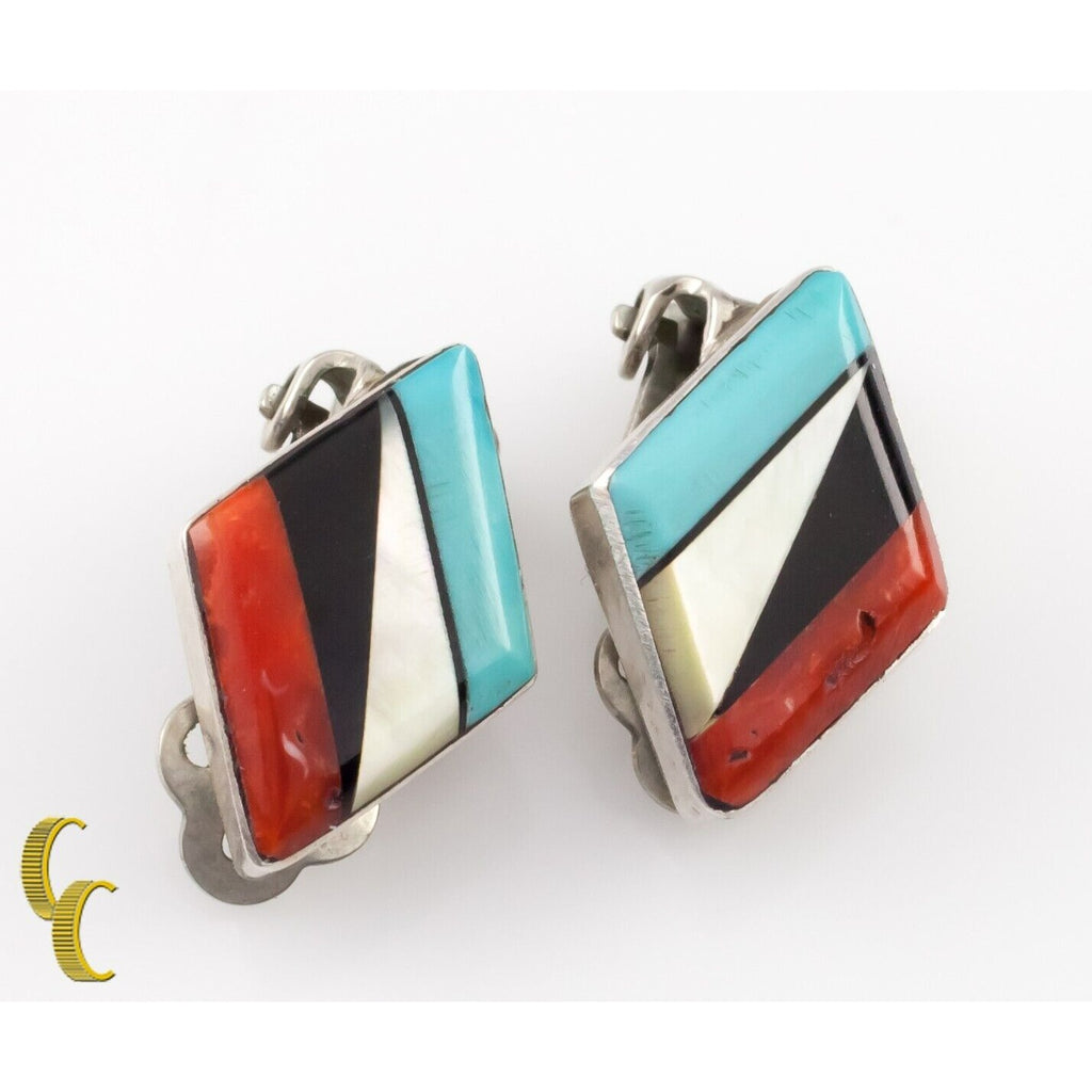Gorgeous Sterling Silver Lapidary Inlay Clip-On Earrings Beautiful!