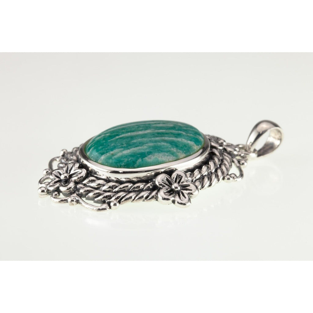 Oval Green Amazonite Sterling Silver Pendant Set on a Floral Frame