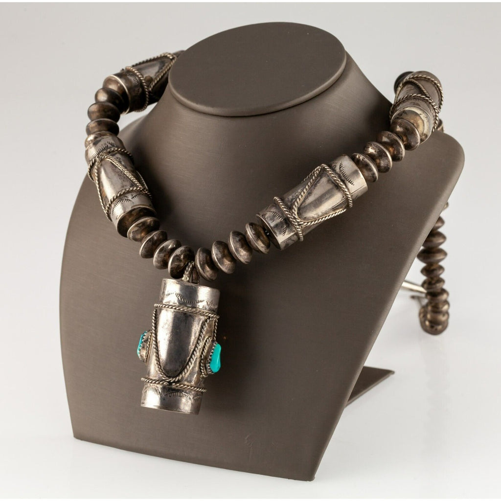 Sterling Silver Beaded Navajo Cylinder Pendant Necklace with Turquoise