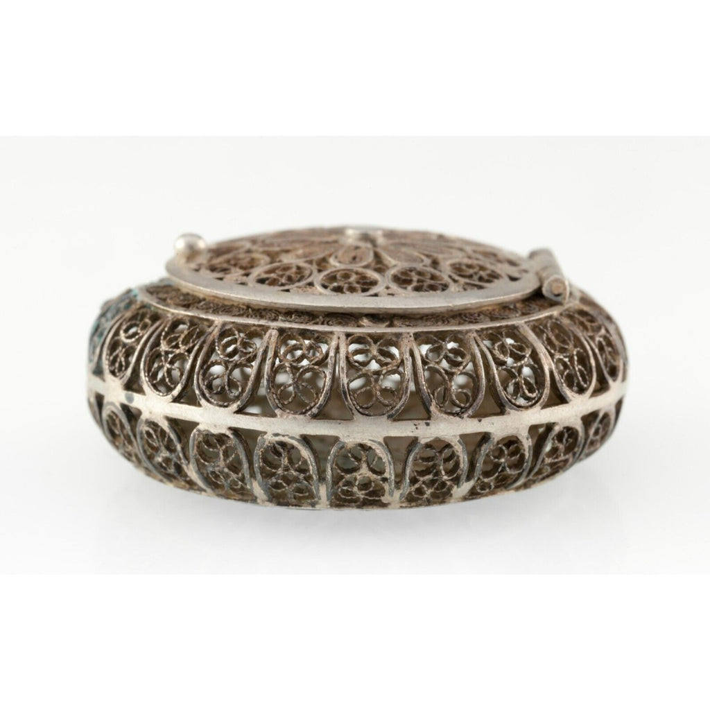 Silver Filigree Antique Pill Box With Sunflower Pattern