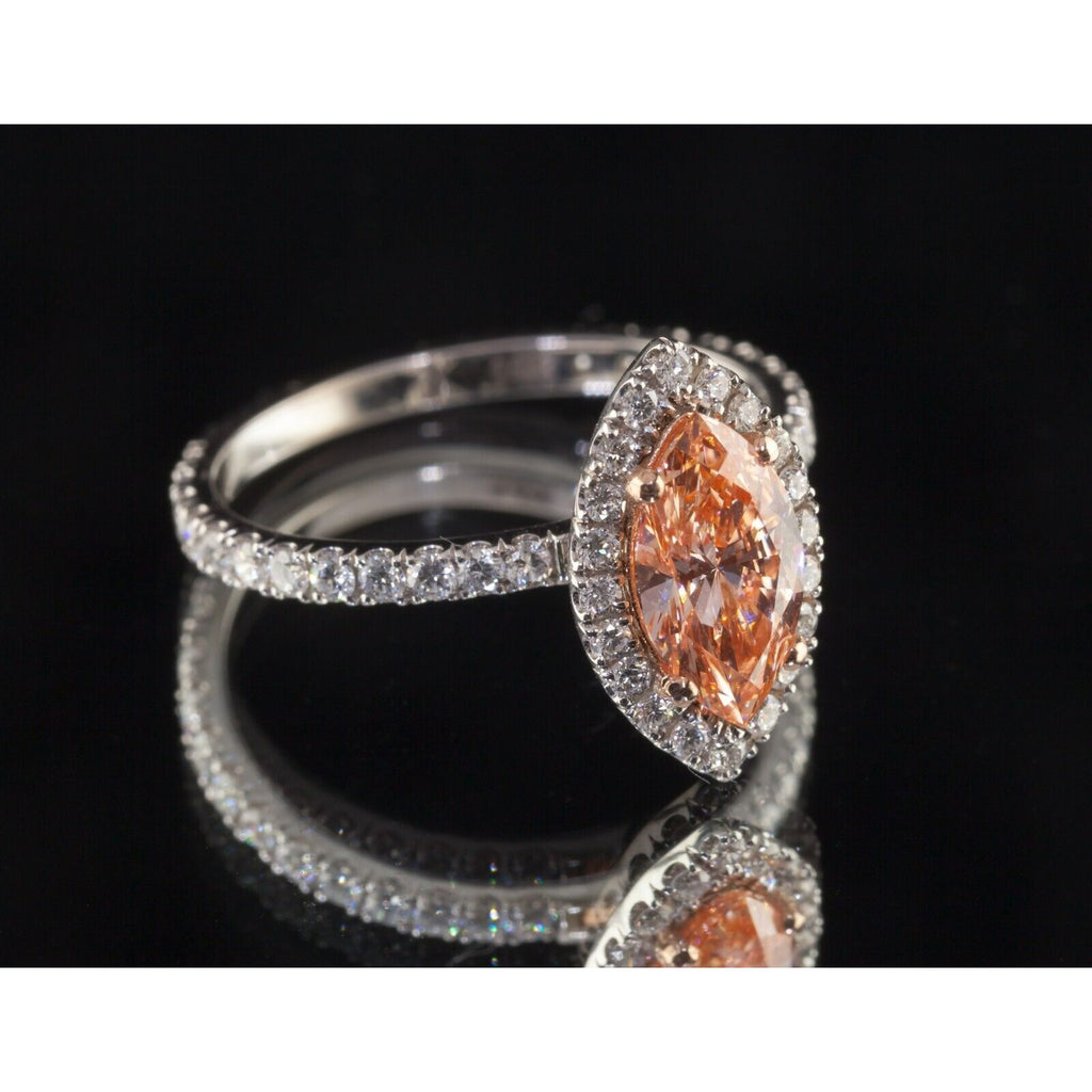 1.03 Ct Marquise Cut Fancy Pink Lab Created Diamond Ring 18k White Gold
