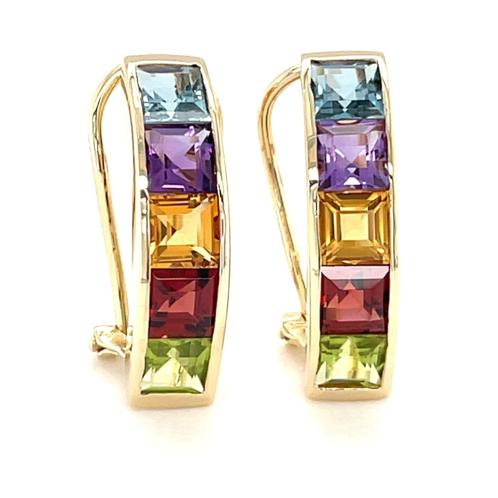 T&C 14k Yellow Gold and Princess Cut Rainbow Gemstone Drop Earrings, 29mm