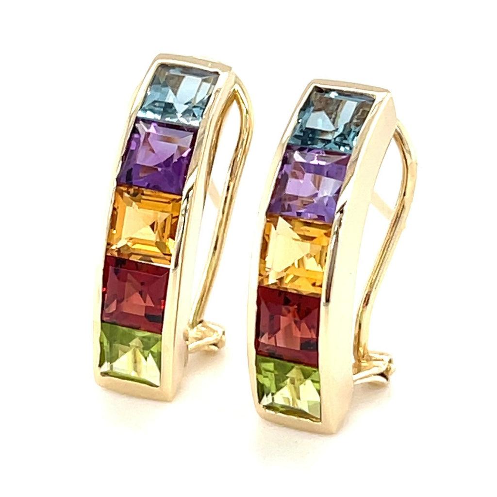 T&C 14k Yellow Gold and Princess Cut Rainbow Gemstone Drop Earrings, 29mm