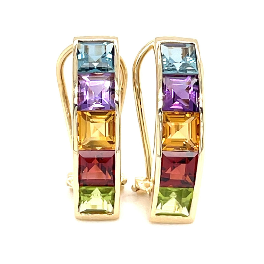 T&C 14k Yellow Gold and Princess Cut Rainbow Gemstone Drop Earrings, 29mm