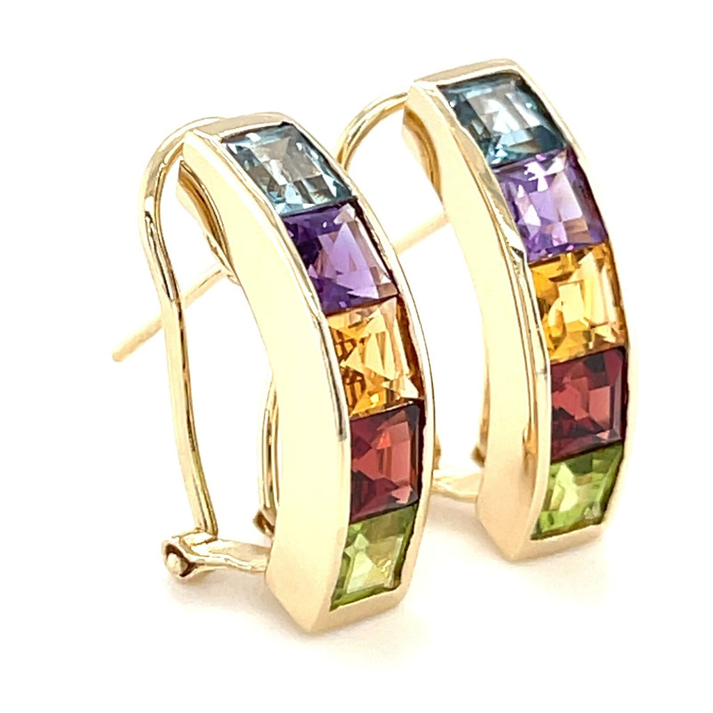 T&C 14k Yellow Gold and Princess Cut Rainbow Gemstone Drop Earrings, 29mm