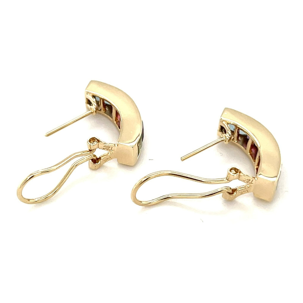 T&C 14k Yellow Gold and Princess Cut Rainbow Gemstone Drop Earrings, 29mm