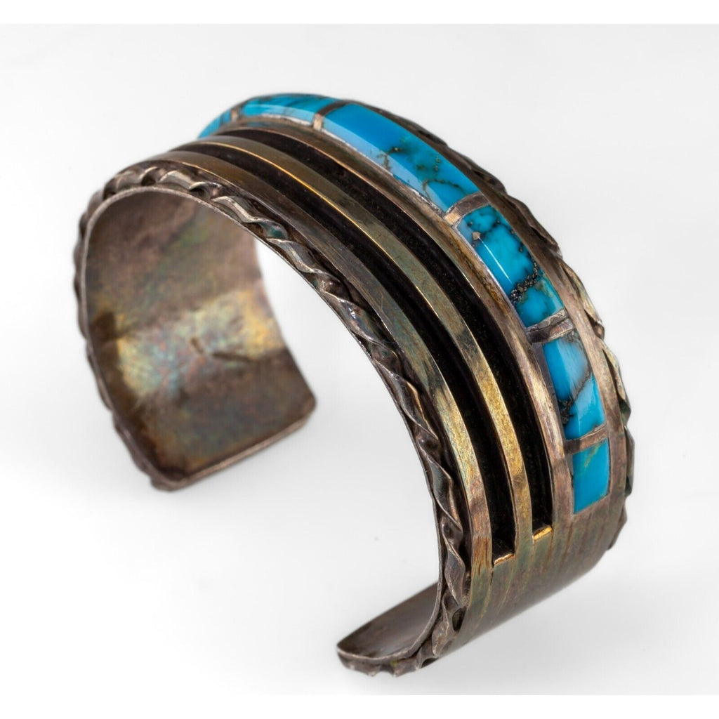 Antique Navajo Sterling Morenci Turquoise Inlay Cuff Bracelet 74.4g