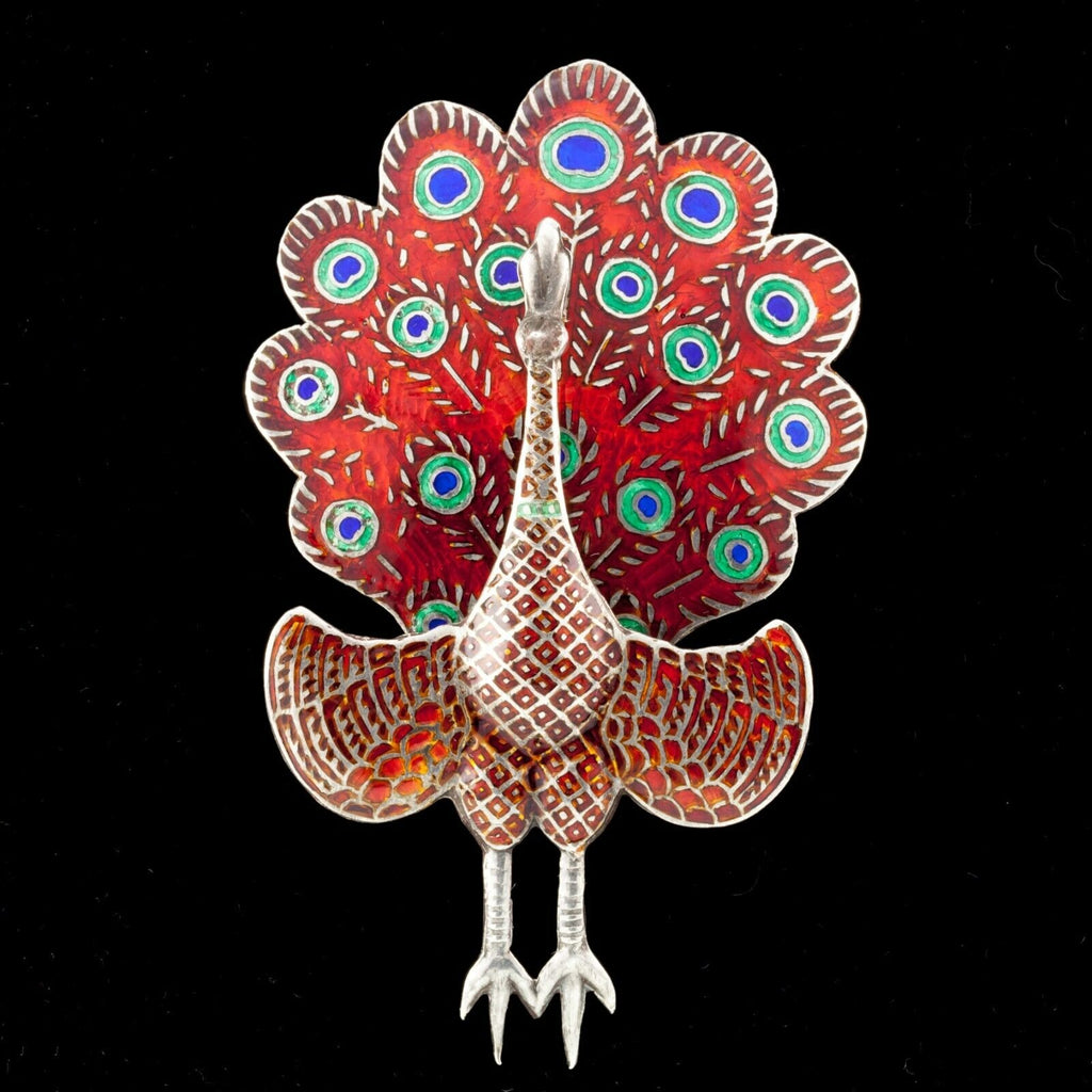 Gorgeous Sterling Silver Siam Colorful Peacock Enamel Brooch