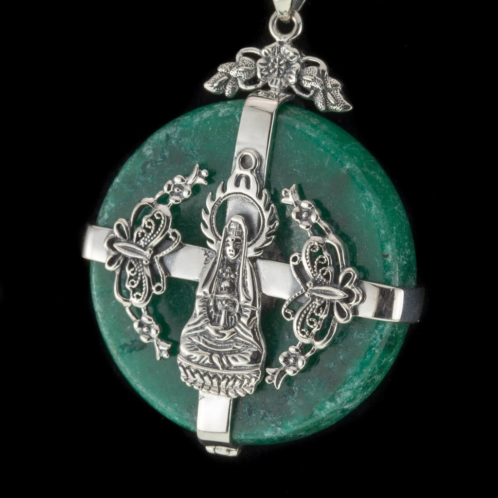 Beautiful Buddhism Sterling Silver Green Jade 16" Necklace and Pendant 72.4gr