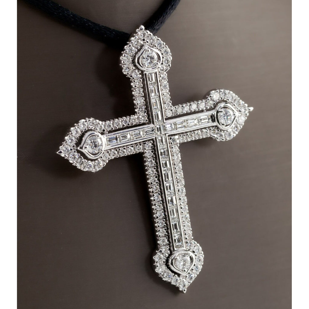 18k White Gold 3 Carat Diamond Cross Pendant on Black Silk Cord