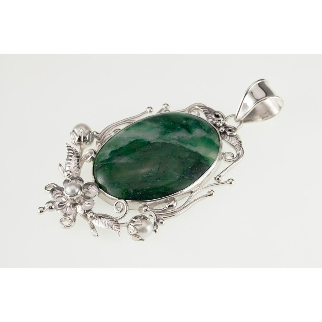 Green Jade & Pearl Sterling Silver Pendant Set on a Floral Frame 80mm Tall