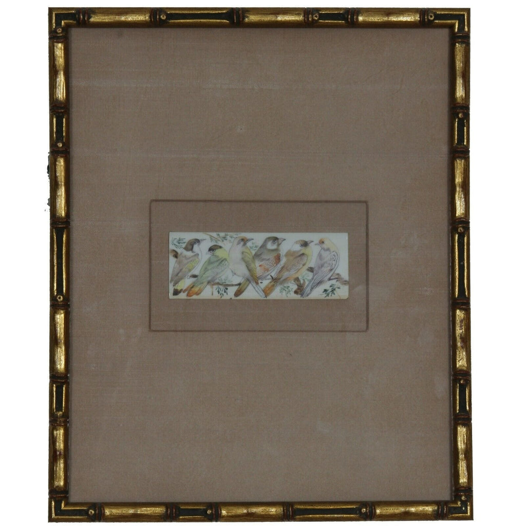 Gorgeous Painting on Wood Six Birds Framed Adorable 9.5 x 11.5"