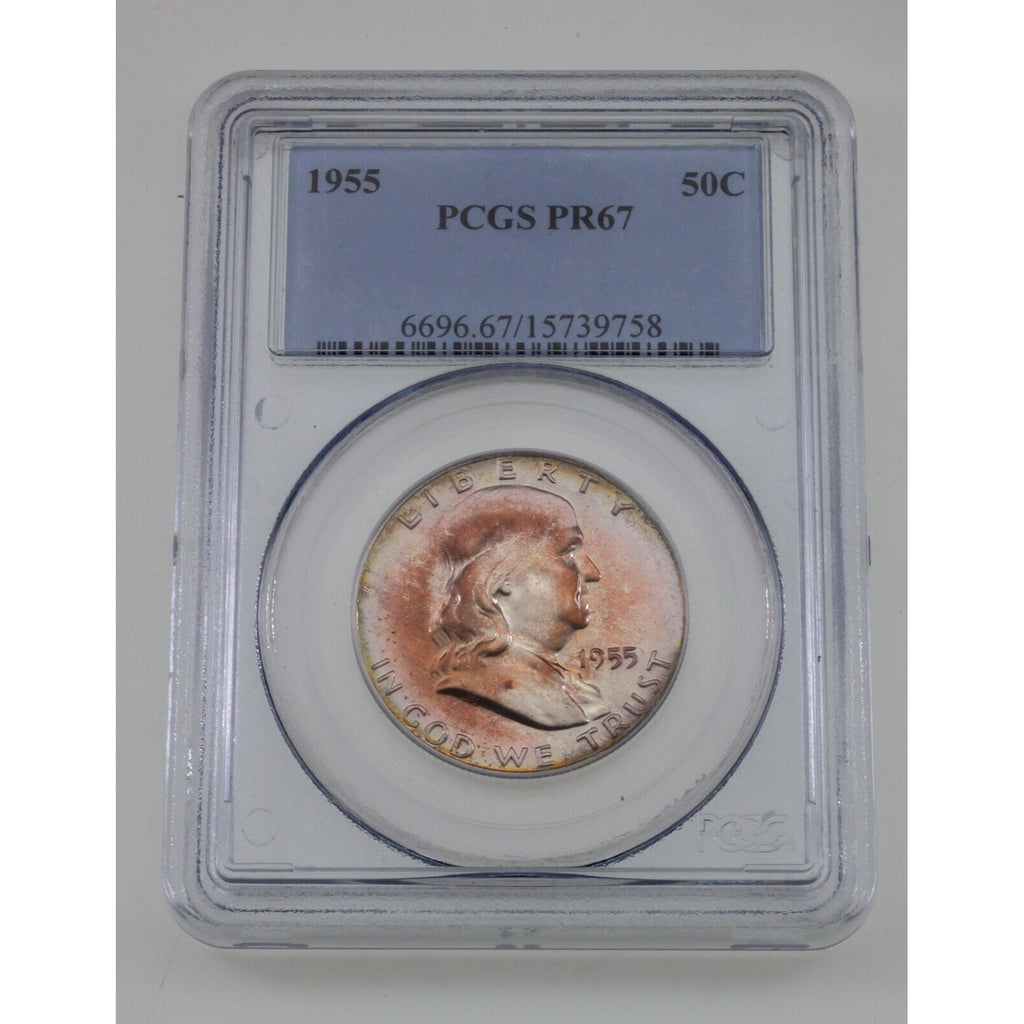 1955 50C Silver Franklin Half Dollar Proof Graded by PCGS as PF67! Nice Toning!