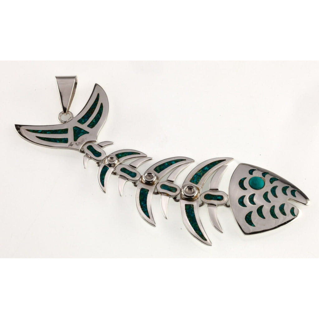 Taxco Mexico Sterling Silver Articulating Fishbone Pendant Turquoise Inlay 5.5"