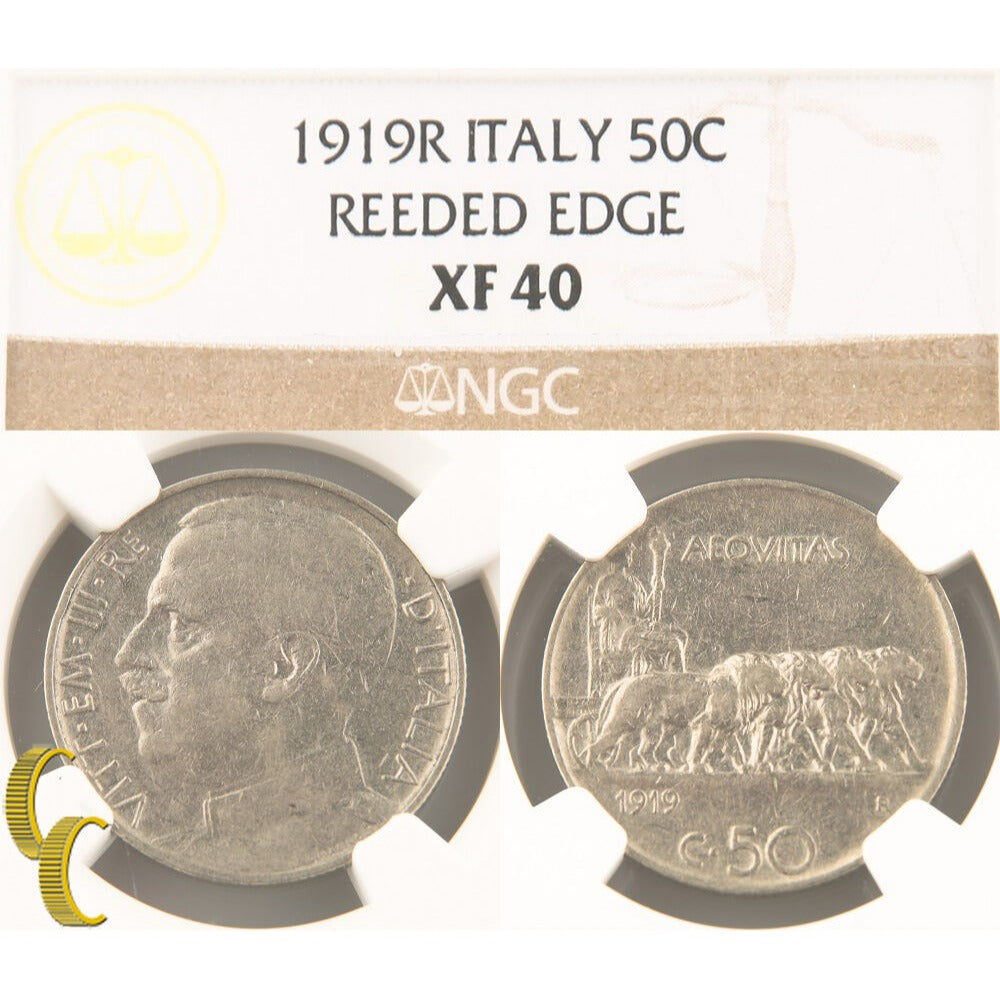 1919-R Italy 50 Centesimi Reeded Edge (NGC XF40) Italian 50c Cent KM#61.2 Rare!