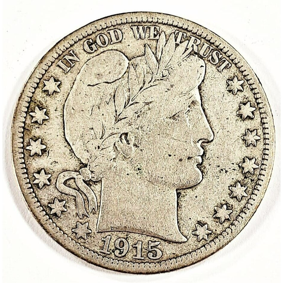 1915-S 50C Barber Half Dollar in Fine Condition, Light Gray Color, Full LIBERTY