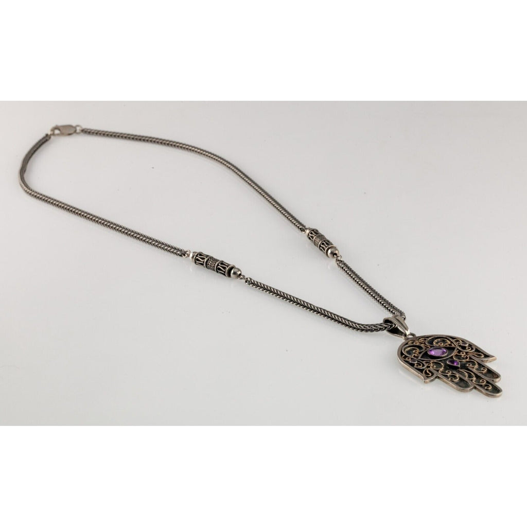 Sterling Silver Judaica Hamsa Pendant with Amethyst Accents 23"