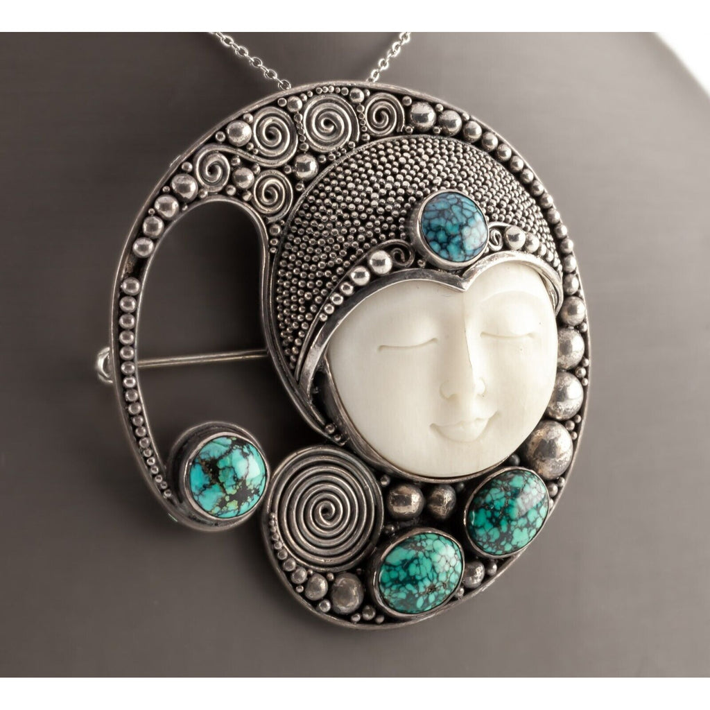 Carved Goddess Set in Sterling Silver w/ Turquoise Stones 55mm Tall Pendant