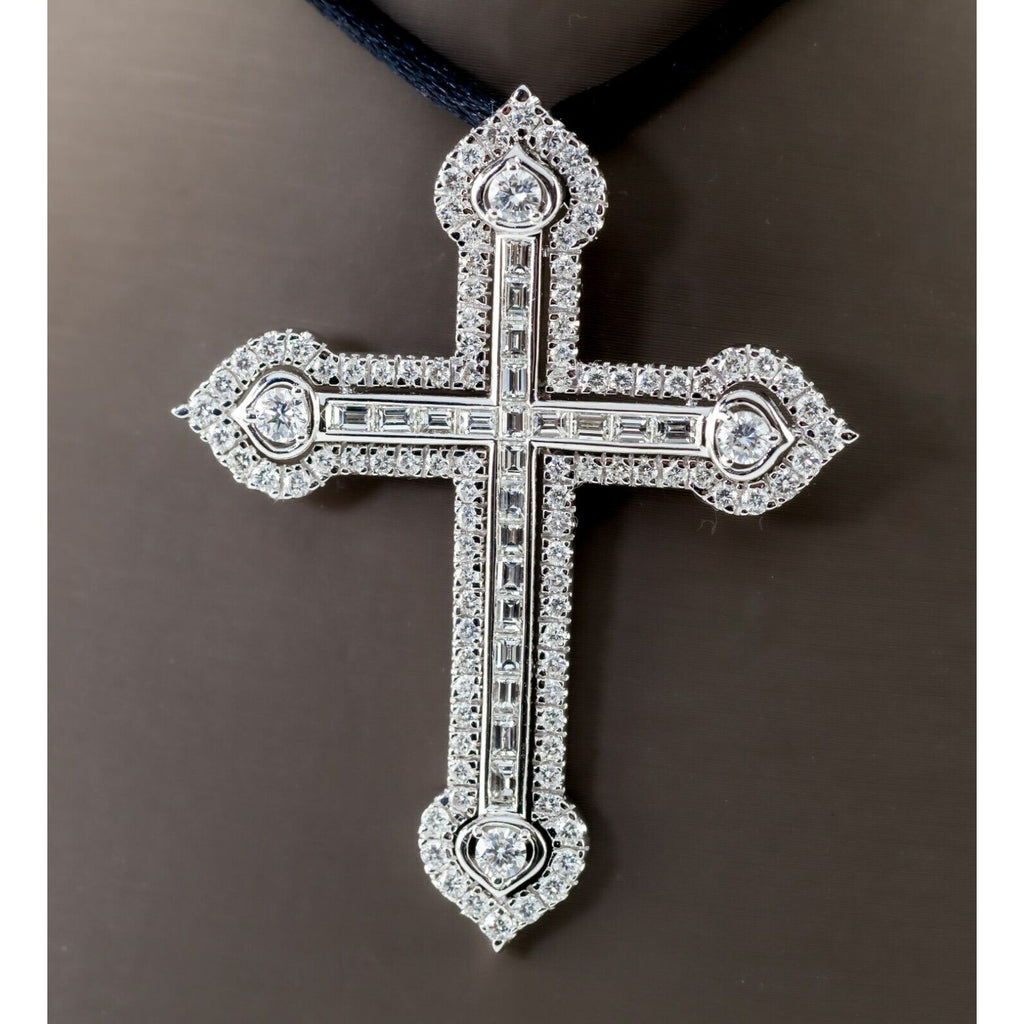 18k White Gold 3 Carat Diamond Cross Pendant on Black Silk Cord