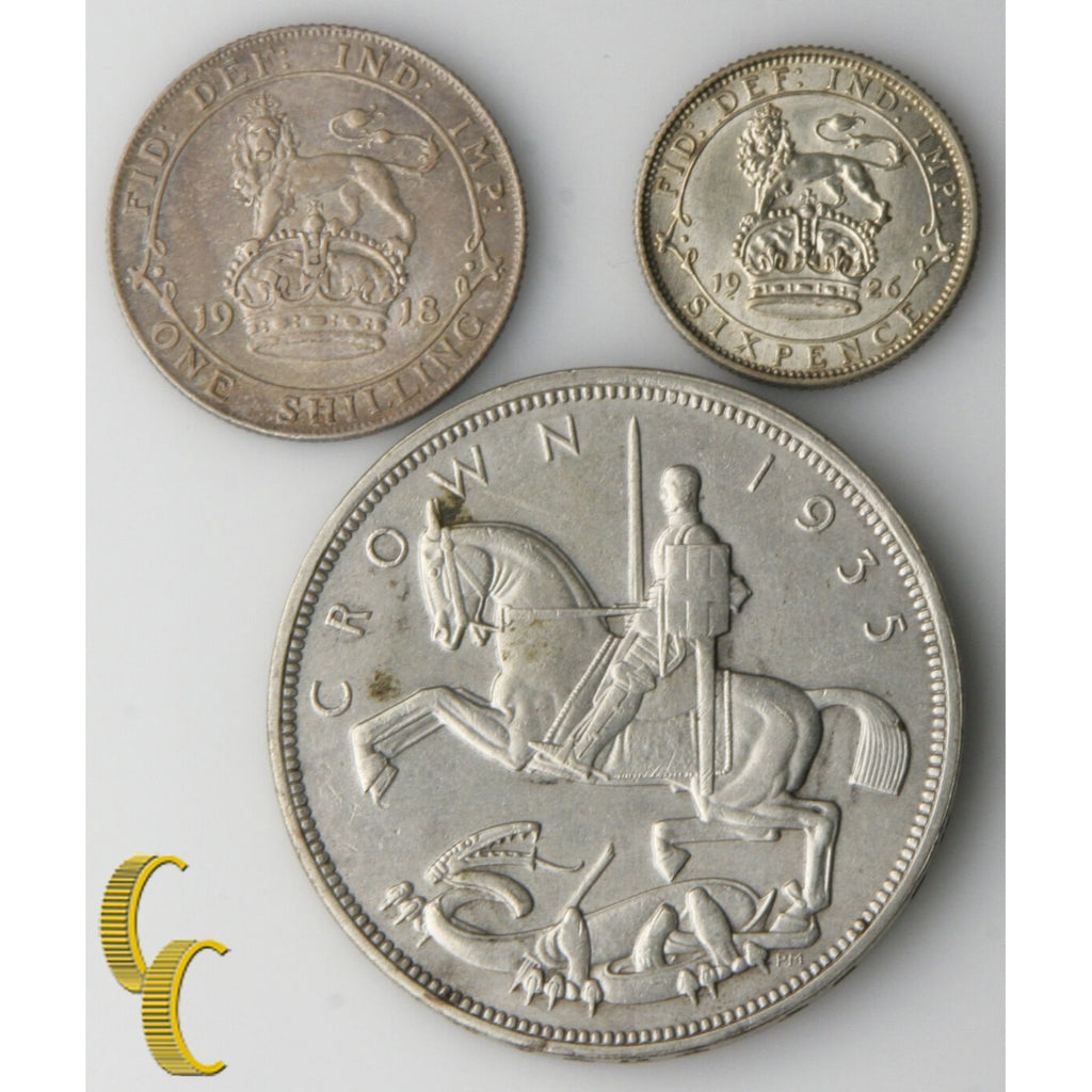 Great Britain George V Coins Lot (XF-AU) 1918 Shilling 1926 Sixpence 1935 Crown