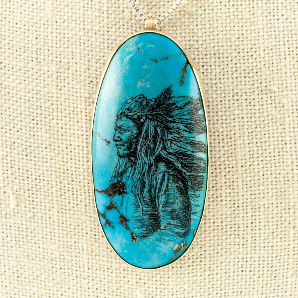 Amazing Turquoise Scrimshaw Chief Pendant Set in Sterling and 14K Gold 53 mm
