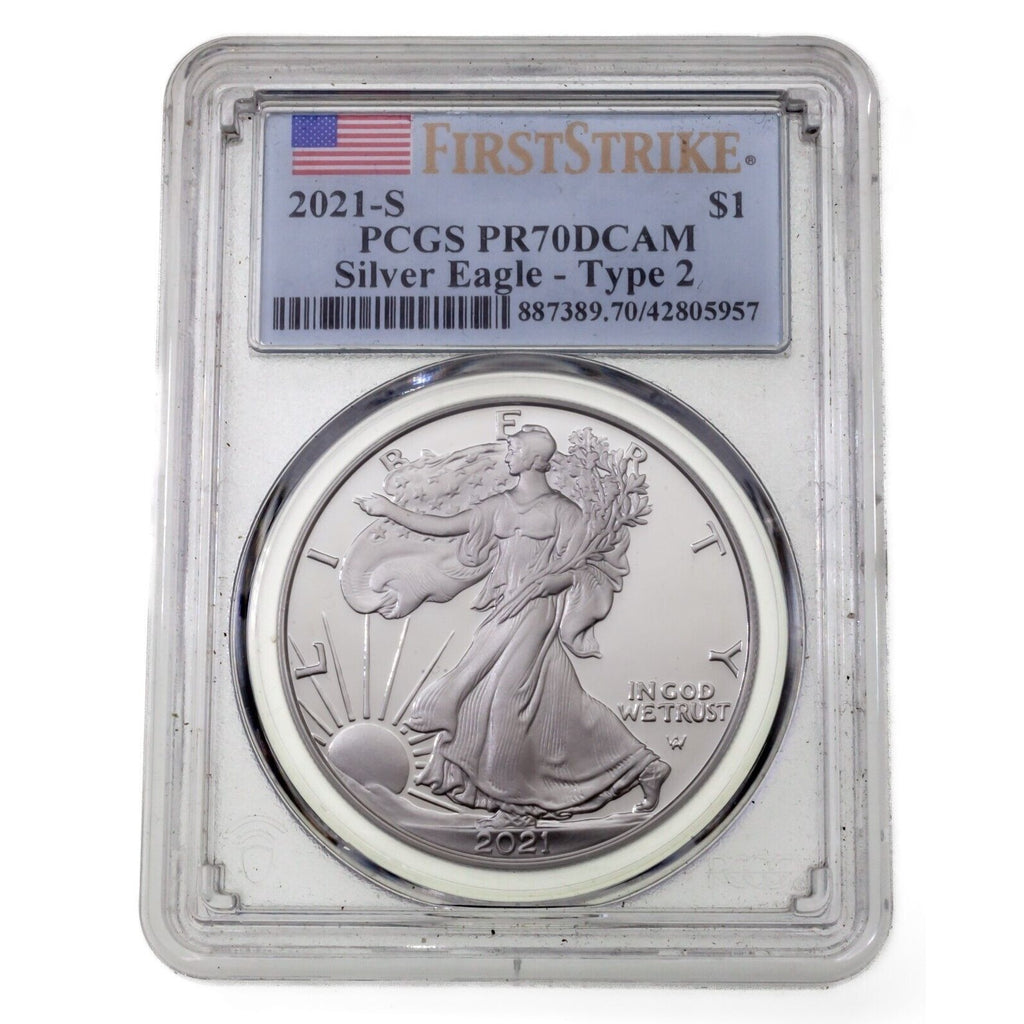 2021-S $1 Silver American Eagle Proof Type 2 Graded by PCGS as PR70DCAM 1st