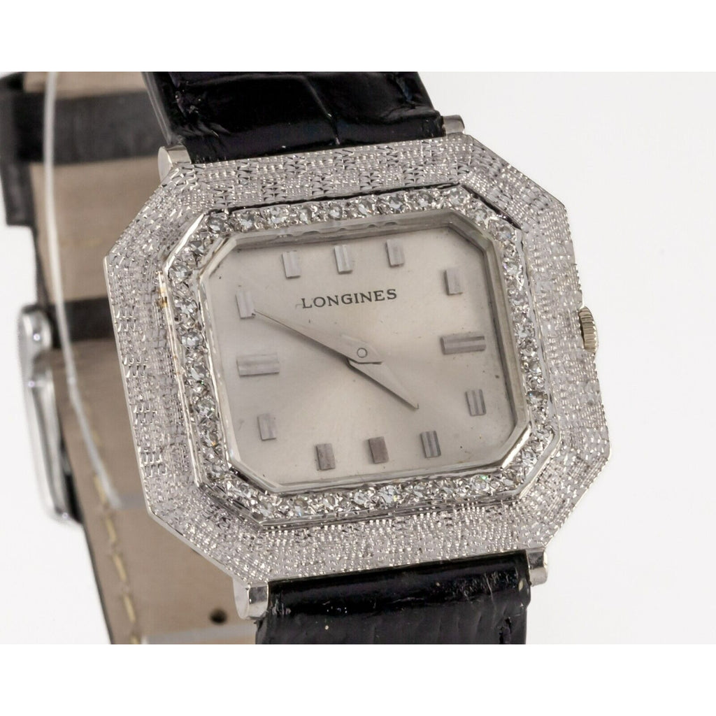 Longines 14k White Gold Square Men's Dress Watch w/ Diamond Bezel 428