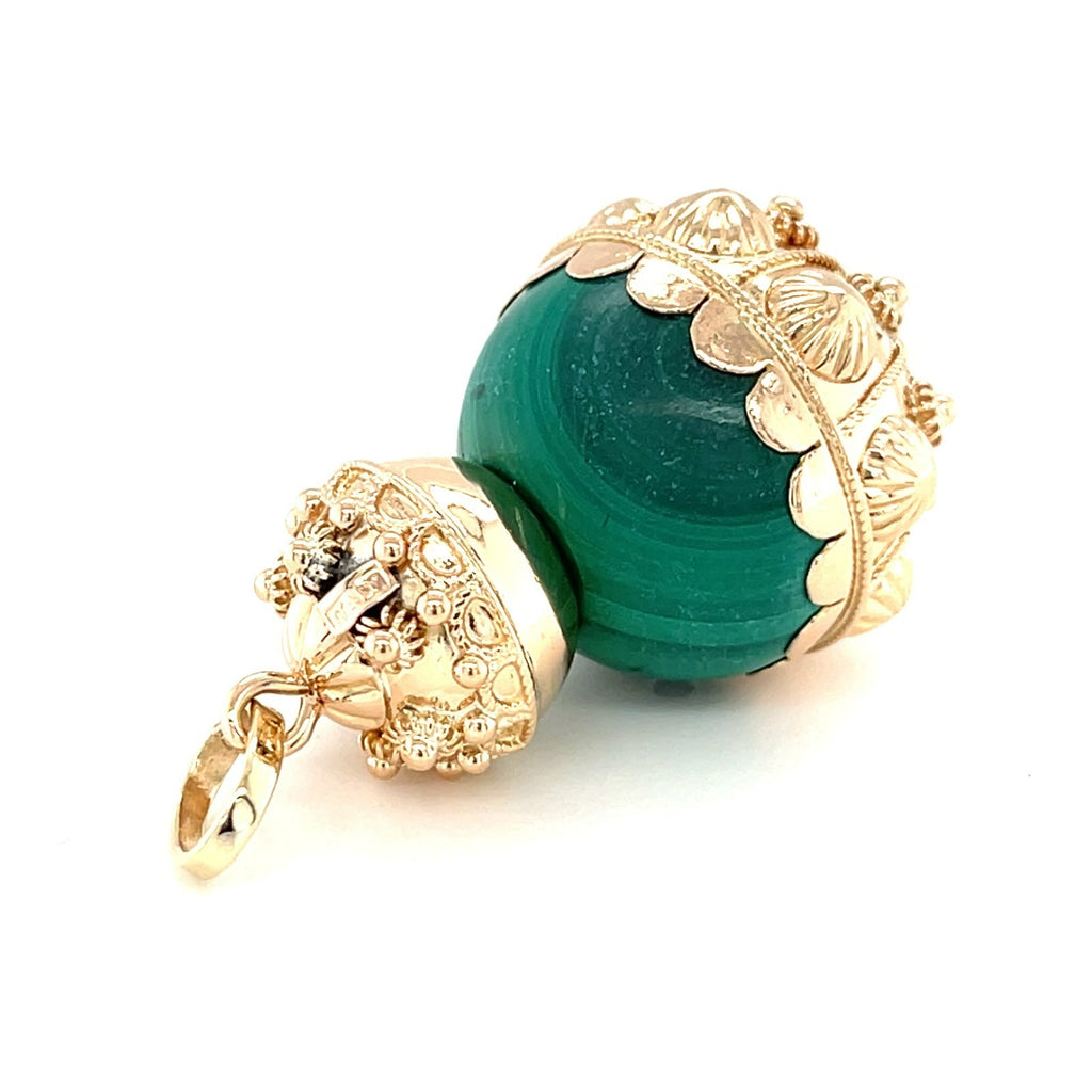 Vintage 18K Solid Gold & Malachite Acorn Pendant / Charm, Drop Style, 15g
