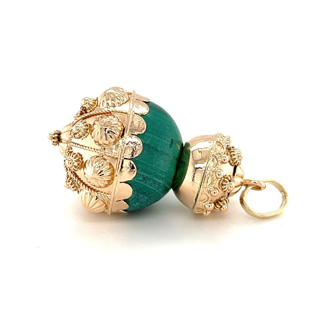 Vintage 18K Solid Gold & Malachite Acorn Pendant / Charm, Drop Style, 15g