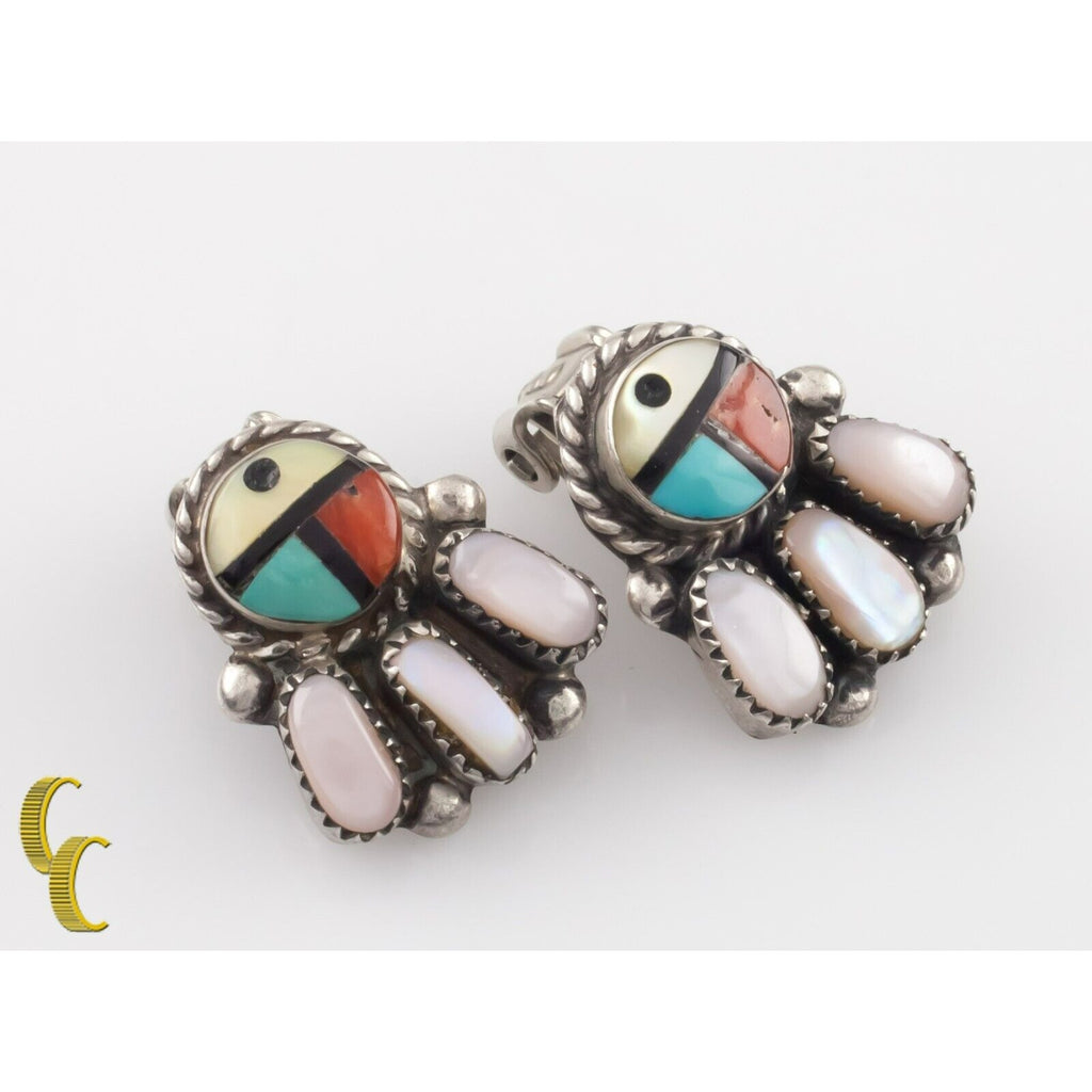 Sterling Silver Lapidary Inlay Bear Paw Clip-On Earrings Zuni