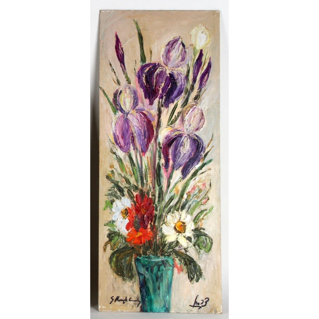 "Iris Fleures" (1966) by S. Raphael, Oil Painting on Board, 30x12