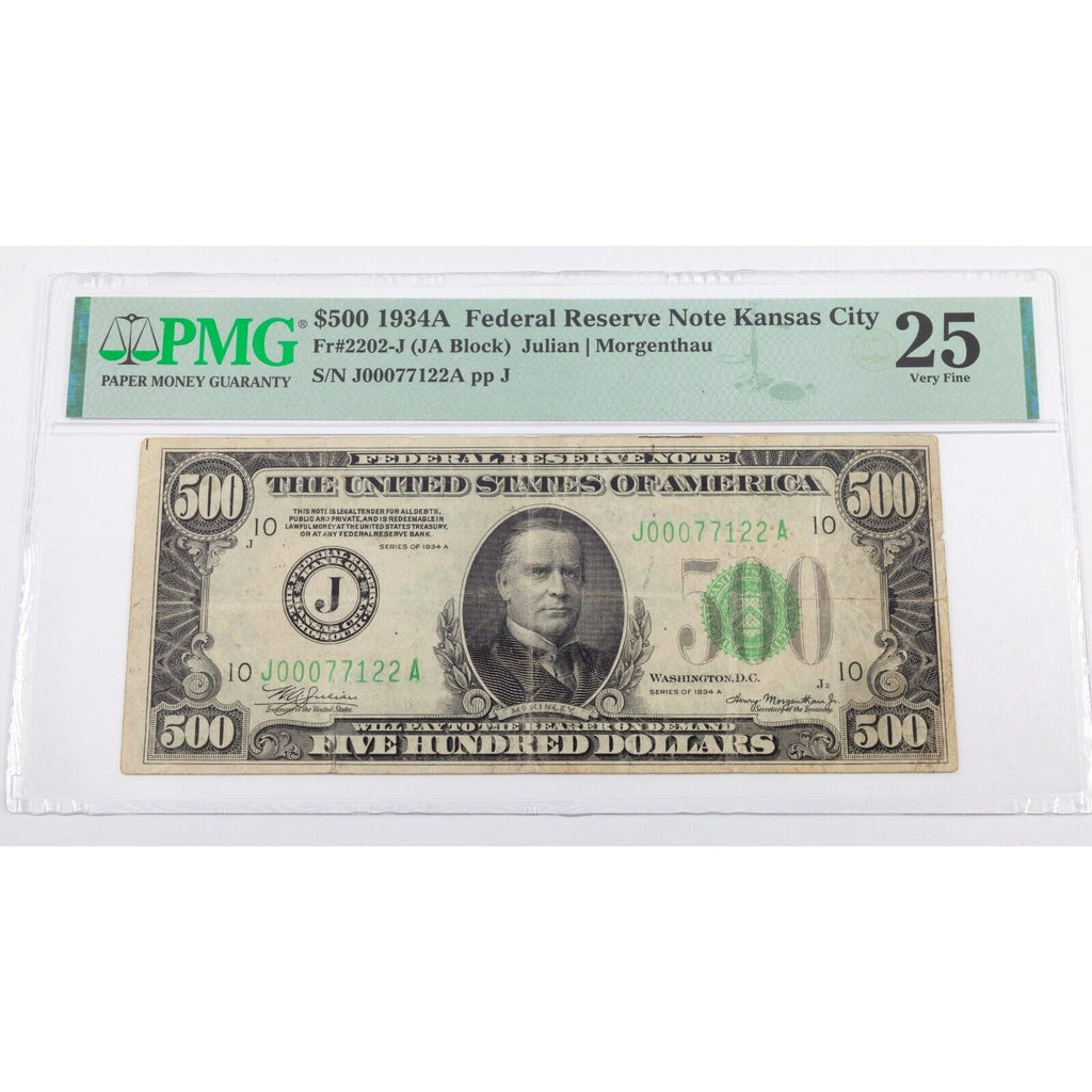 1934 $500 Federal Reserve Note Kansas City Fr #2202-J PMG Very Fine 25