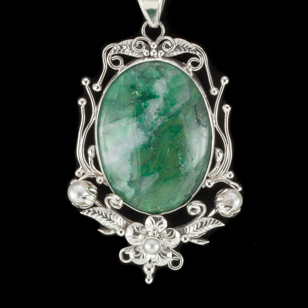 Green Jade & Pearl Sterling Silver Pendant Set on a Floral Frame 80mm Tall