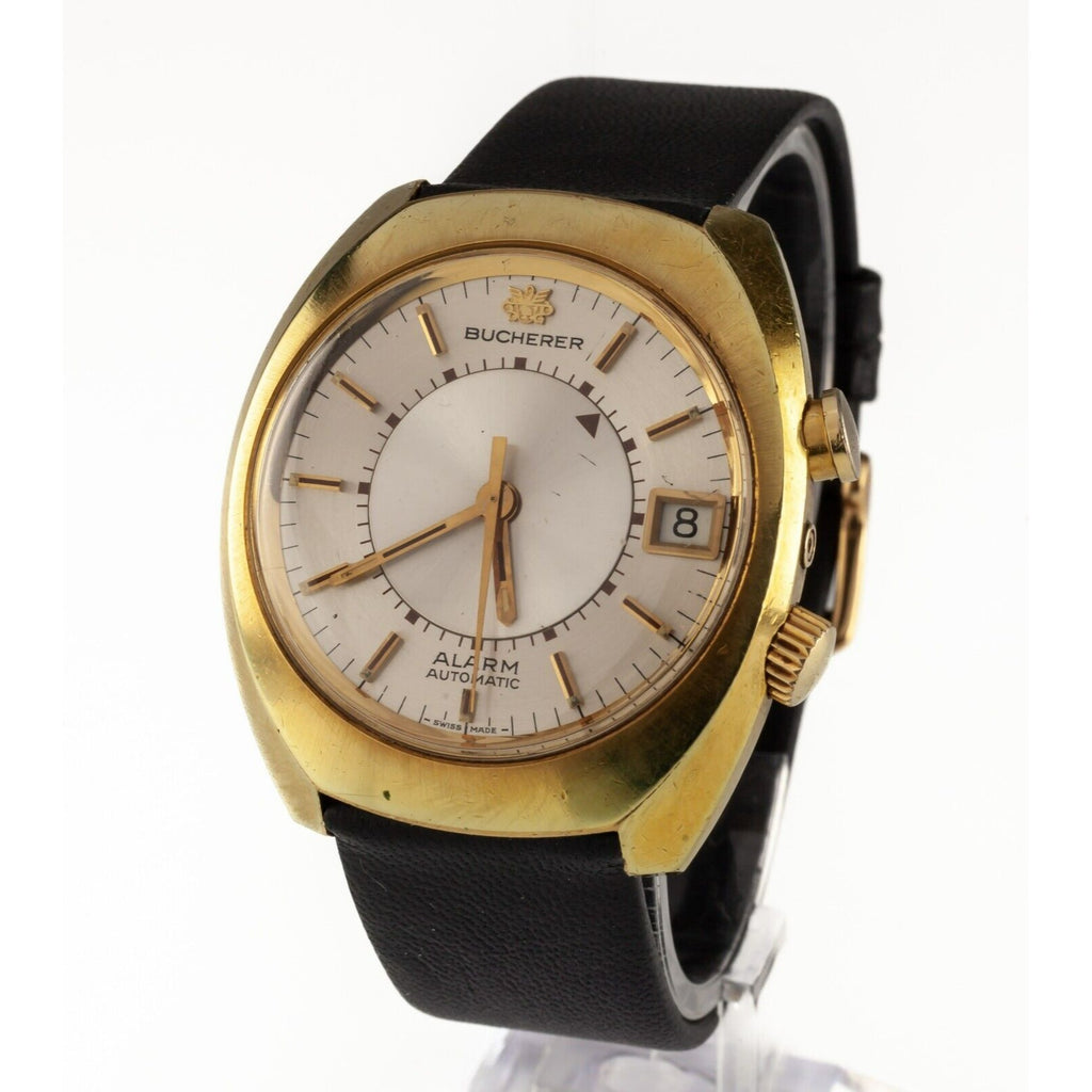 Bucherer Gold-Plated Alarm Watch Automatic "Memomatic" w/ Leather Band 2980 Date