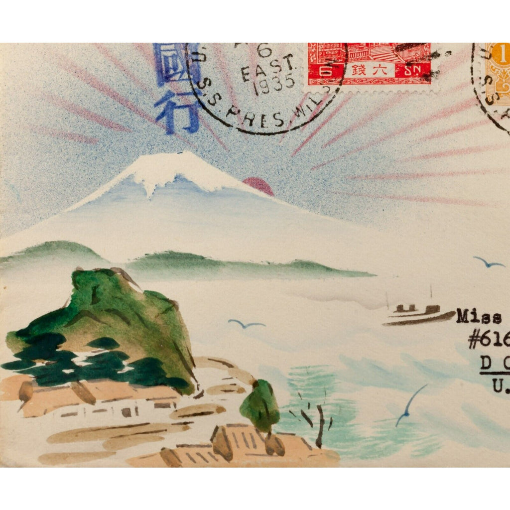 Karl Lewis 1935 Hand-Painted Watercolor Cover Japan to PA, USA Prez Wilson C-15