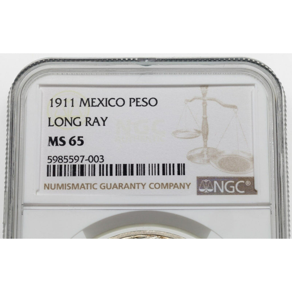 1911 Mexico Peso Caballito Long Ray Graded by NGC as MS-65! Rare High Grade!