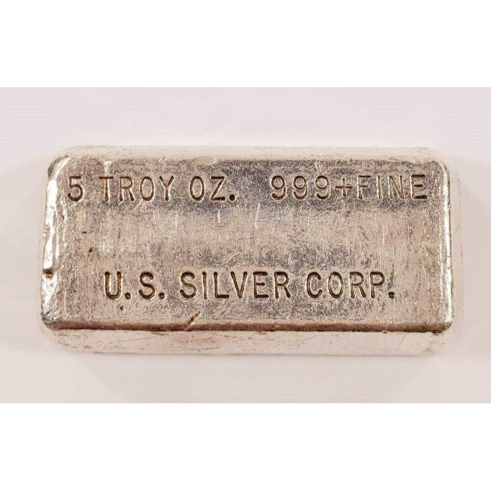 US Silver Corp 5 Oz. .999 Fine Silver Old Pour Bar Nice Collectible!