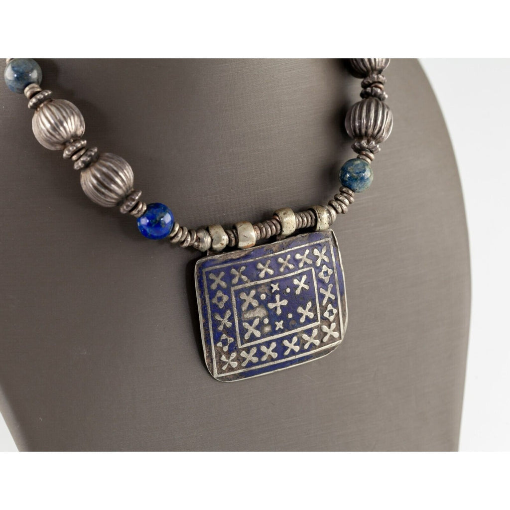 Antique Silver Beaded Necklace with Lapis Accents and Enamel Pendant