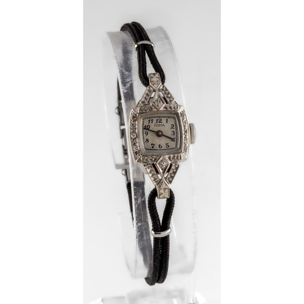 Rima 14k White Gold Diamond Vintage Ladies Dress Watch w/ Cord Band