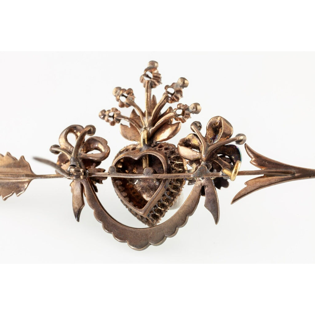 10k Gold Custom Antique Heart Arrow Brooch w/ Diamonds and Rubies