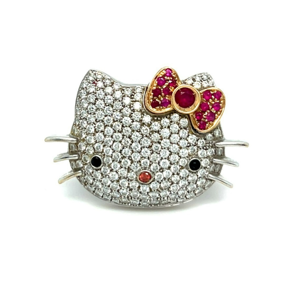 18k White Gold Happy Kitty Diamond and Ruby Ring Size: 7 14.2 grams